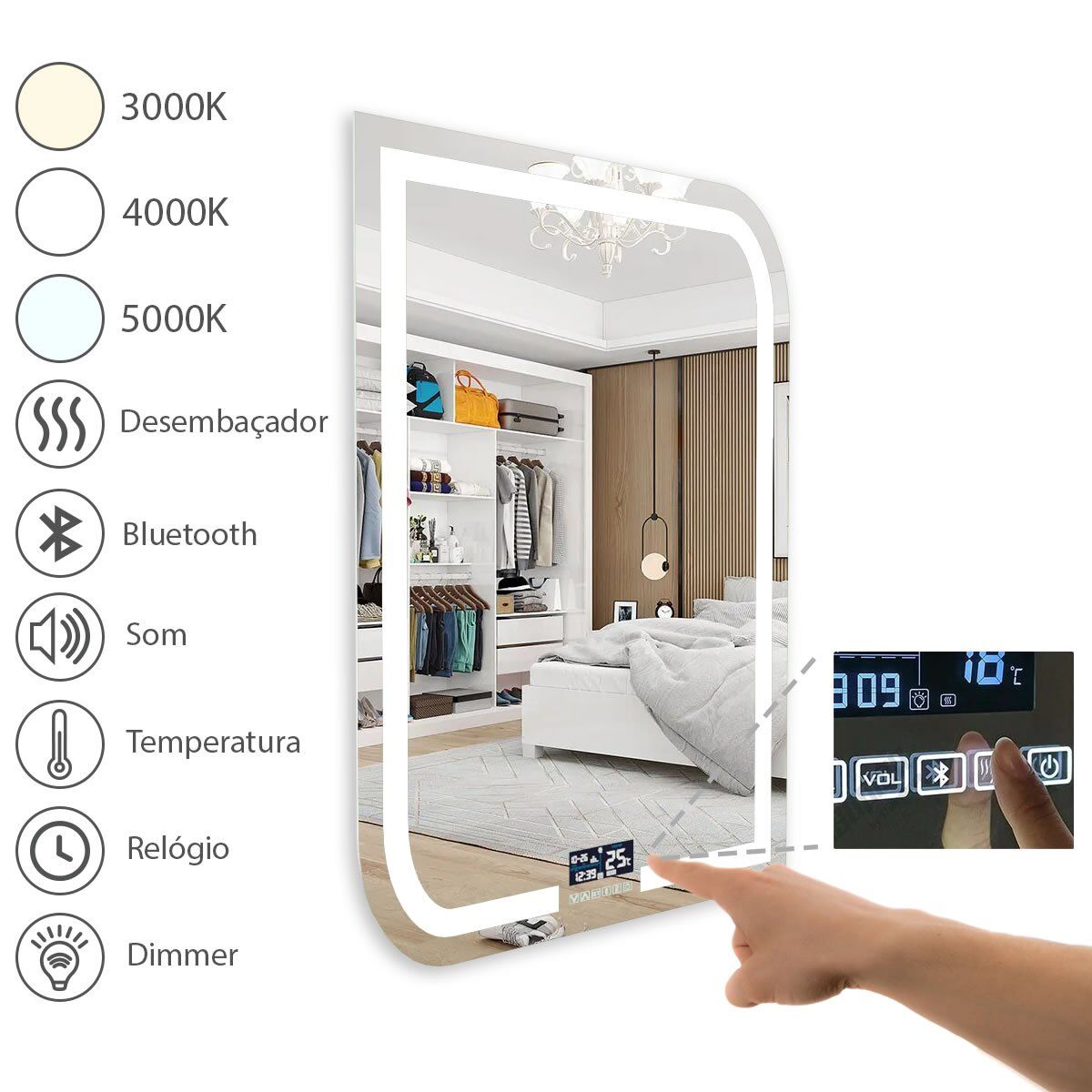 Espelho com LED e Tela Touch Elegance PRO 95W/m 1 Espelho Com Led E Tela Touch Iluminado Elegance Funções