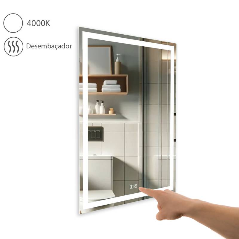 Espelho com LED Iluminado Desembaçador Decor | 44W/m | IRC+97 | 80x60cm 1 Espelho Com Led Iluminado Desembaçador Decor Touch 4000K